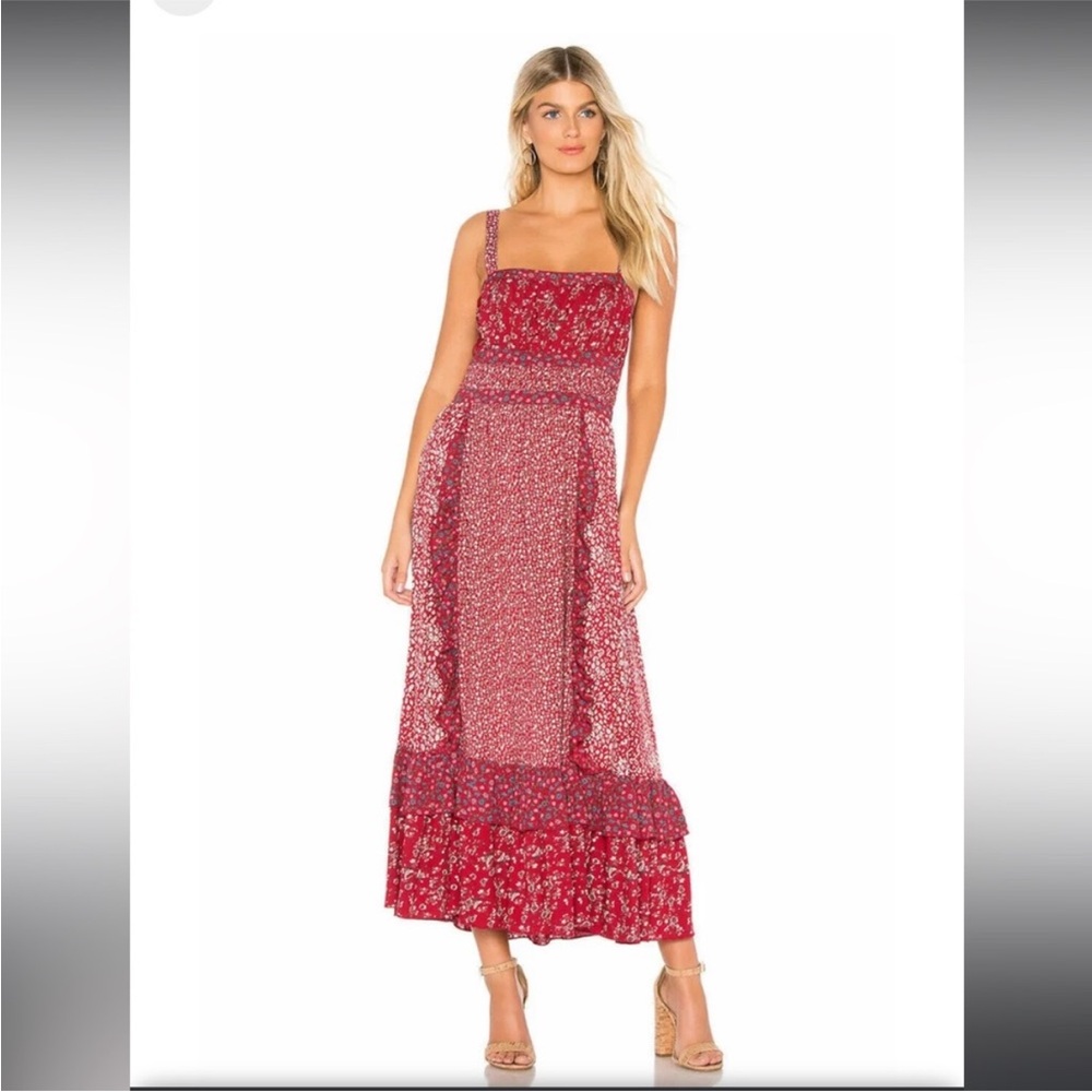 Free People Yesica BOHO Prairie Floral Red Ruffled Maxi Dress